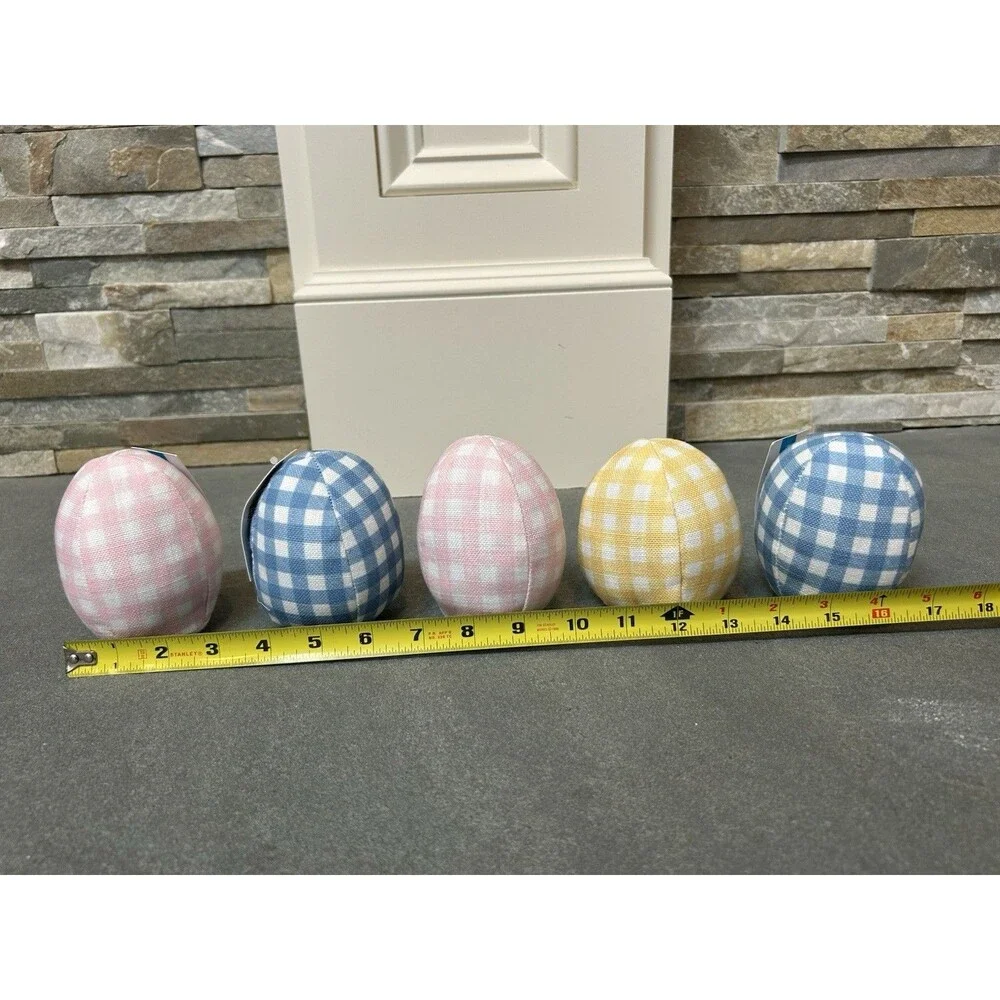 At Home Easter Fabric Egg Figurine Set Pink Blue Yellow Seasonal Decor